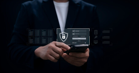 Secure login interface on mobile device with password protection system and data privacy authentication concept representing cybersecurity encrypted access and digital identity verification