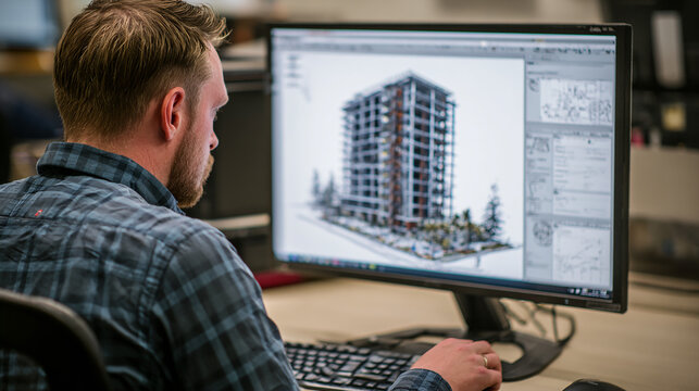 Structural engineer analyzing 3D building model on computer screen