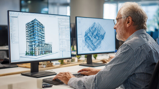 Structural engineer analyzing 3D building model on computer screen