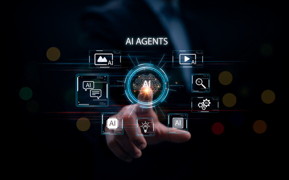Futuristic interface showing concept of AI agents with human hand touching digital icons representing artificial intelligence, automation, data processing and smart technology in virtual environment