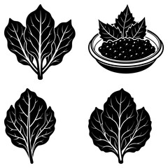 Fototapeta premium Illustration showing spinach leaves and a bowl of caviar in a black and white design style