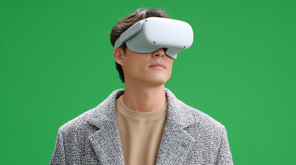 A young man wearing a virtual reality headset, exploring the digital world, against a green screen background.