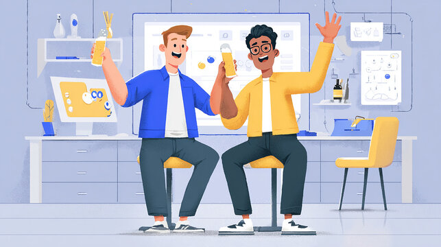 Tech co-founders celebrating app launch with digital interface in the background.