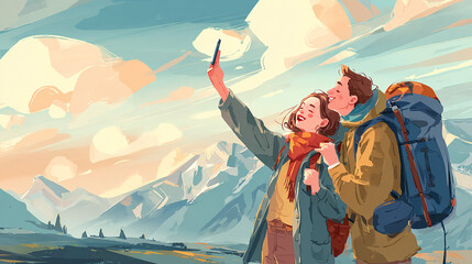Young couple traveling with backpacks taking selfie in nature with mountain background.