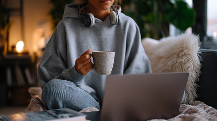 Young woman working remotely at a cozy home workspace with a laptop and coffee.