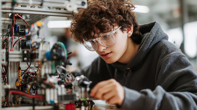 Young engineer student working on robotics project in classroom