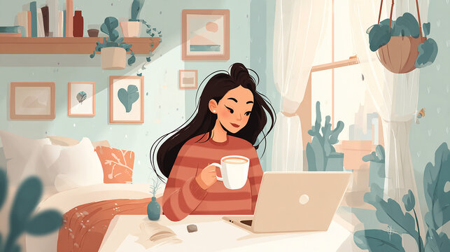 Young woman working remotely at a cozy home workspace with a laptop and coffee.