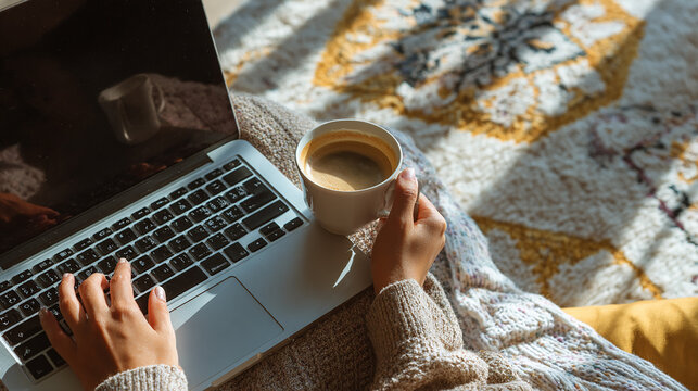 Young woman working remotely at a cozy home workspace with a laptop and coffee.
