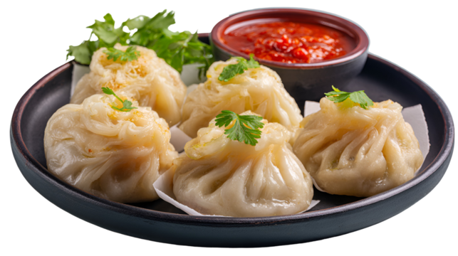 A serving of Nepalese momos with steamed dumplings filled with vegetables and spices, served with a side of tomato chutney, placed on a ceramic plate with a view of Mount Everest