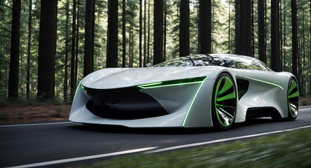 A futuristic white concept car speeds through a serene forest setting.