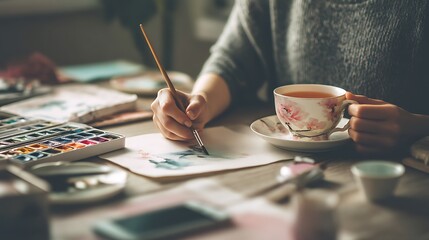 Person Painting Watercolor Art with Tea Cup on Wooden Desk in Cozy Indoor Setting