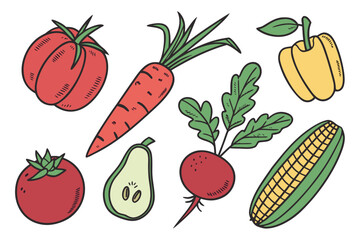 Hand drawn collection of fresh vegetables and fruit on white background