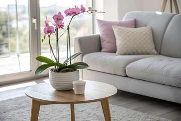 A delicate pink orchid in a white pot sits on a wooden coffee table in a bright, modern living room with a comfortable sofa and natural light streaming through the window