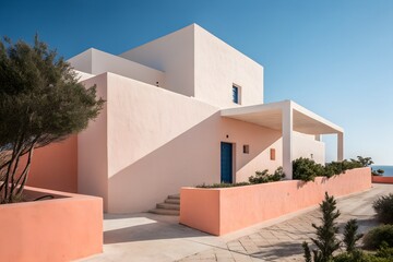 A modern minimalist house with white and peach walls, a blue door, and green plants under a clear blue sky, showcasing a clean architectural design with a sea view