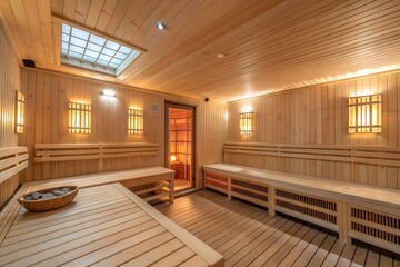 Luxurious wooden sauna interior with warm lighting, benches, and a skylight, creating a serene atmosphere for relaxation and wellness