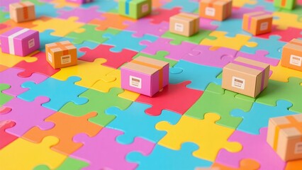 Colorful Puzzle Pieces with Small Wooden Blocks on Bright Multicolored Surface