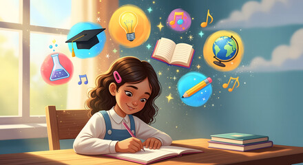 A young girl's vibrant imagination at work, with glowing icons of knowledge, science, and art illustrating the joy of learning.