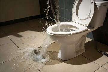 A toilet is overflowing with water, spilling onto the tiled floor, indicating a plumbing problem or leak