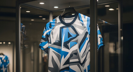 A modern concept sports jersey with a striking blue and gray abstract geometric pattern, elegantly displayed in a glass case.