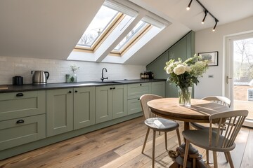 A bright and airy kitchen with green cabinets, a wooden dining table and chairs, and skylights providing natural light