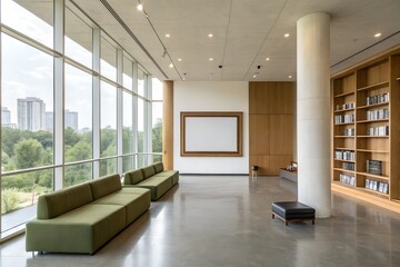 Spacious modern interior lobby with comfortable green sofas, large windows offering a nature view, and a bookshelf display, creating a bright and inviting atmosphere