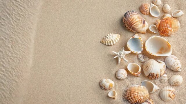 seashells lies on golden sand as gentle ocean waves with white foam wash ashore