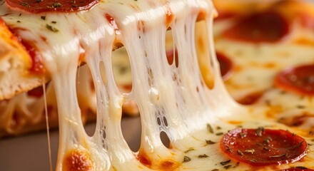 Aromatic Pepperoni Pizza, gooey mozzarella cheese stretches dramatically, a tempting culinary delight. Savory pepperoni slices adorn the golden crust, inviting a delicious bite.