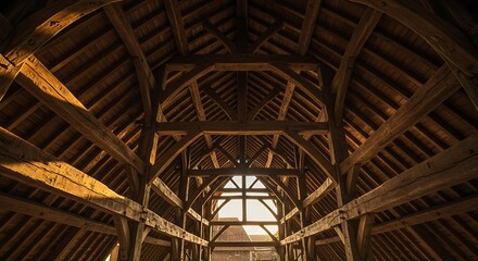 Architectural Majesty of a Historic Timber-Framed Barn Bathed in Golden Light