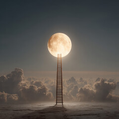 Fototapeta premium Ladder leading to surreal full moon – Minimal, Surreal and Abstract Lofi Album Cover Art