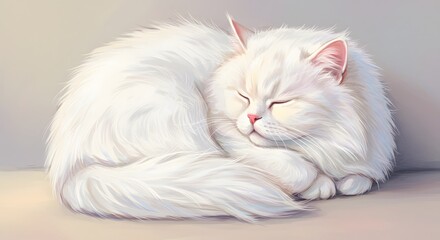 Obraz premium A digital drawing of a sleeping white fluffy cat curled up