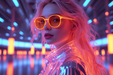 Beautiful woman in neon lights with vibrant pink hair and orange sunglasses