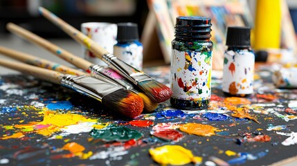 Fototapeta premium Artistic expression through paint and brushes creative studio photography colorful environment close-up view crafting imagination