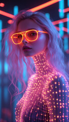A woman in neon glasses and a glowing dress, immersed in a vibrant cyberpunk scene.