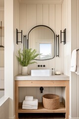 Fototapeta premium Farmhouse Powder Room Small Bathroom Light Earthy Colors Vanity Lights