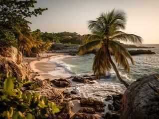 Fototapeta premium Tropical beach cove at sunset. Lush greenery, rocky shoreline, palm trees frame a tranquil cove, gentle waves lap onto the sandy beach