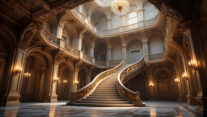 Obraz premium Grand Staircase Hall Majestic Architecture and Ornate Design Captivating Interior with Marble Flooring and Elegant Chandeliers Showcasing Classic Luxury