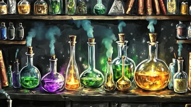 Colorful potion bottles and flasks on a dark wooden shelf