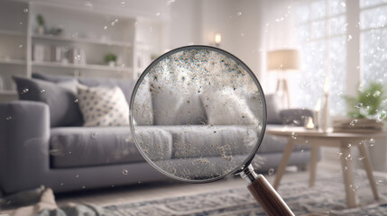 living room in a clean house. Use a magnifying glass to see the particles of mold, odor and viruses in the air. 3d illustration.
