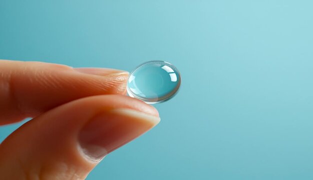 Human hand holding a transparent contact lens on the tip of the index finger