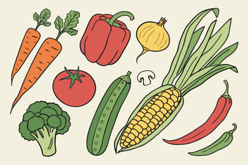 Collection of fresh vegetables and produce in a stylized illustration