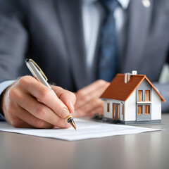 Real estate agent signing contract with house model on desk