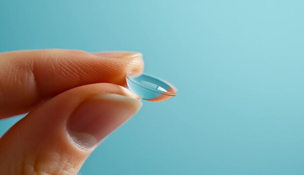 Human hand holding a transparent contact lens on the tip of the index finger