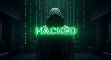 Anonymous hacker with “hacked” text overlay