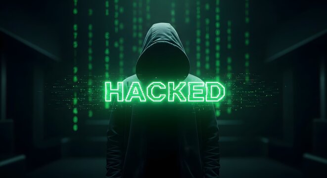 Anonymous hacker with “hacked” text overlay