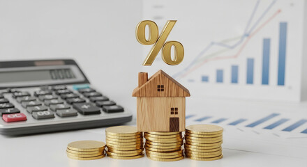 Wooden House with Metallic Percent Sign on Stack of Coins and Financial Charts