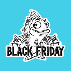 happy fish with shopping bags, funny Black Friday sketch, sticker design