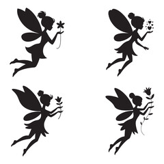Four black silhouette fairies holding flowers or blowing hearts, perfect for children's designs.