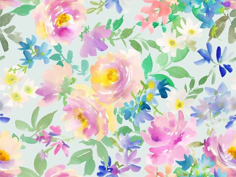 Watercolor seamless floral pattern with abstract hand-painted pink and purple peonies, roses and wild flowers for fabric, gift wrapping. Modern floral textile design for fabric. Floral wallpaper.