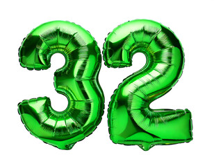 数字の32の形の緑色の風船（Number 32 green foil balloon on white background）
