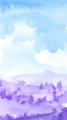 Fototapeta premium A serene painting featuring lush green trees in the foreground, with majestic mountains rising in the distance under a soft, blue sky.